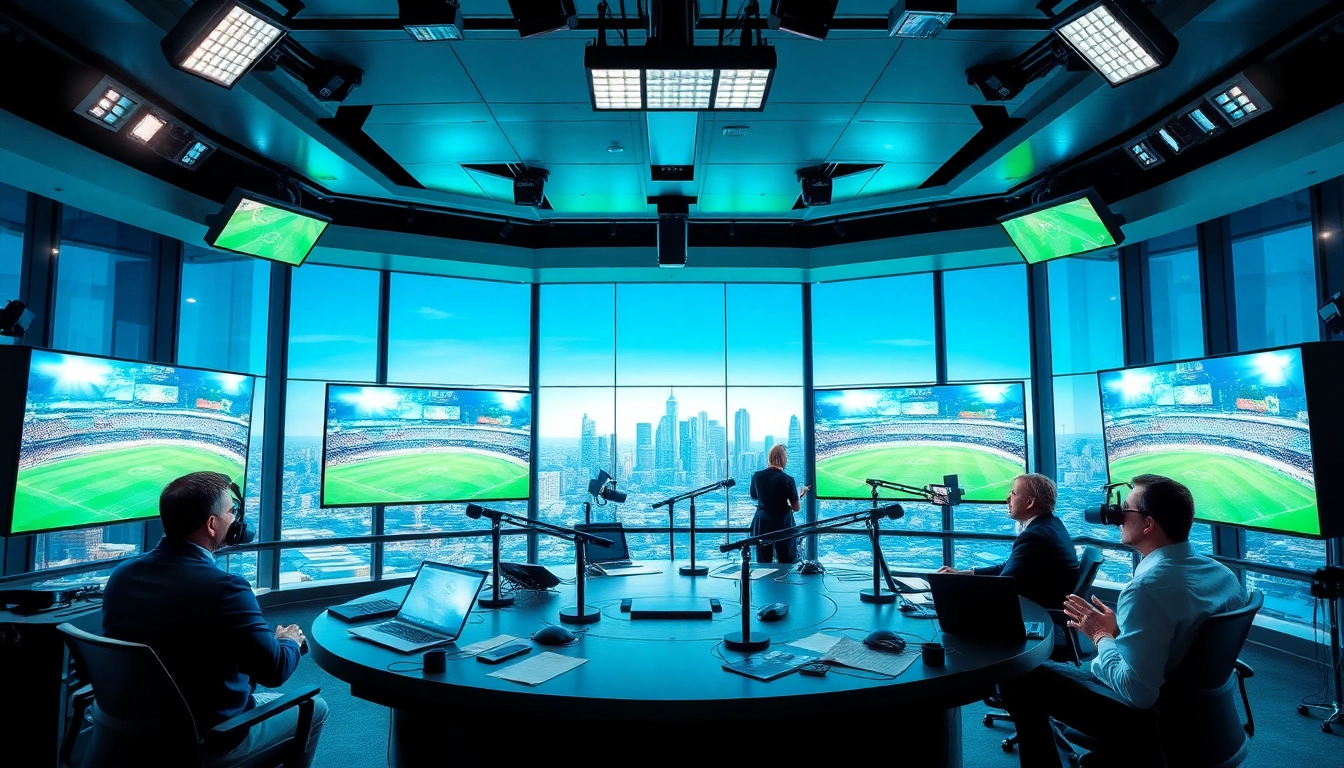 Engaging sports broadcasting scene showcasing dynamic talent and vibrant studio environment.