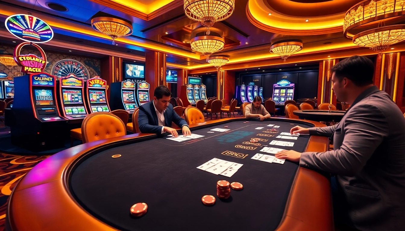 Engaging gamblers at a luxurious casino scene featuring https://tg88co.com/ high-stakes poker and flashing slot machines.