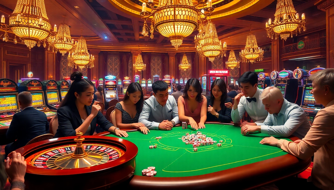 Engaging gamblers strategizing their bets on rồng bạch kim 777 at an opulent casino.