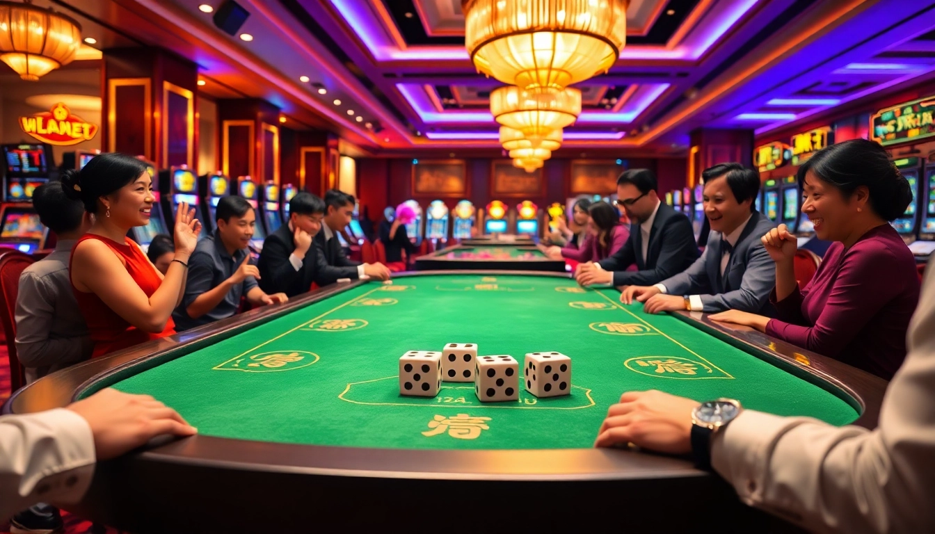 Players enjoying a Tai Xiu game at a lively casino table, showcasing excitement and vibrant atmosphere.