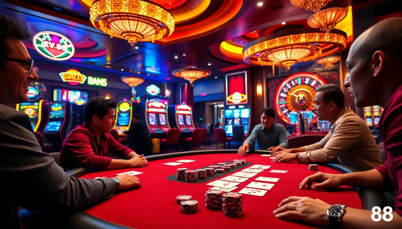 Exciting Ev88 casino scene featuring engaged players at a poker table with vibrant slot machines.