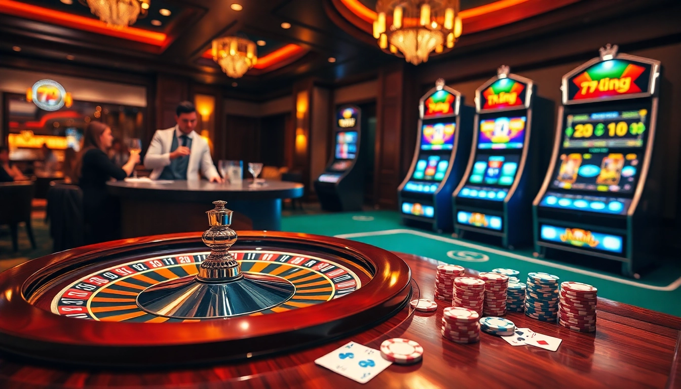 Gamblers enjoying the excitement of 79 King with vibrant casino visuals and games.