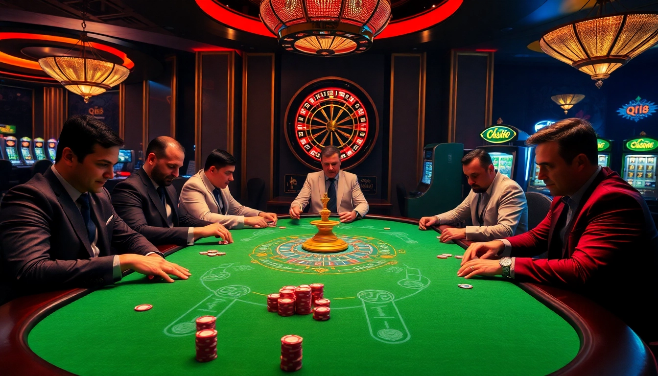 Experience excitement at qh88 with poker players at a luxurious casino table surrounded by vibrant gaming elements.