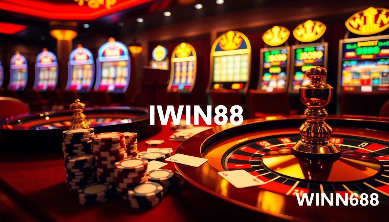 IWIN68 casino experience featuring poker chips and roulette wheel under luxurious lighting.