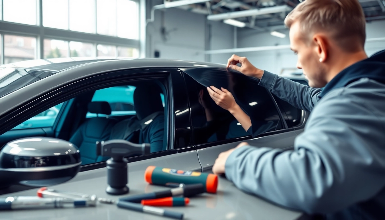 Applying window tint near me showcases expert workmanship in a bright automotive shop.