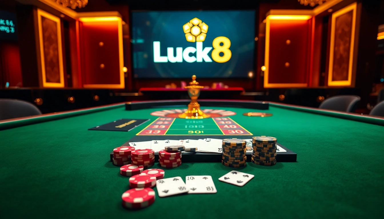 Luck8 casino scene showcasing poker chips and roulette for an exciting gaming experience.
