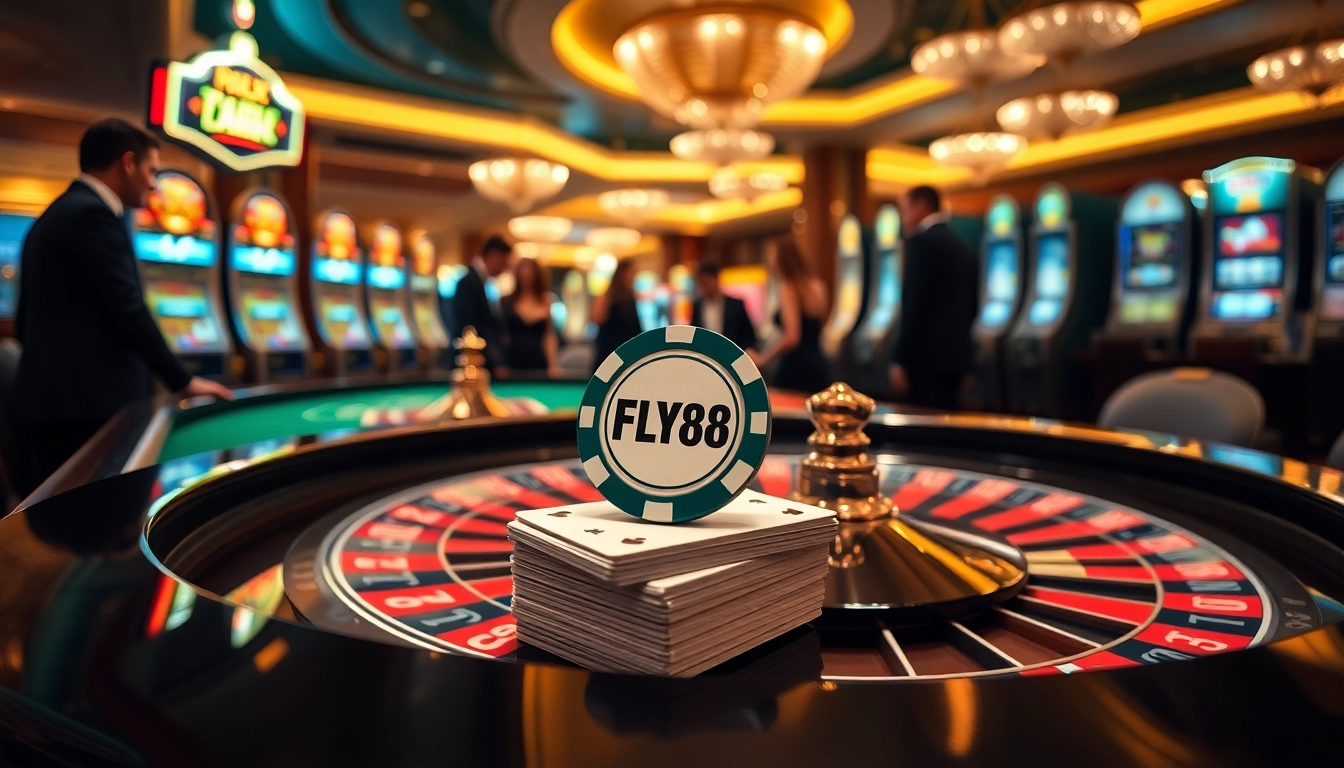 Exciting gameplay at FLY88 casino with poker chips, cards, and roulette wheel.