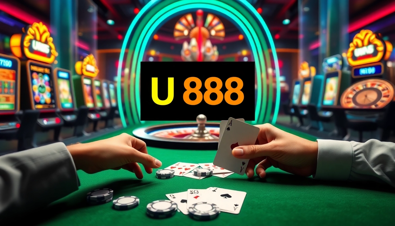 Exciting scene of U 888 online casino games with vibrant slot machines and poker action.
