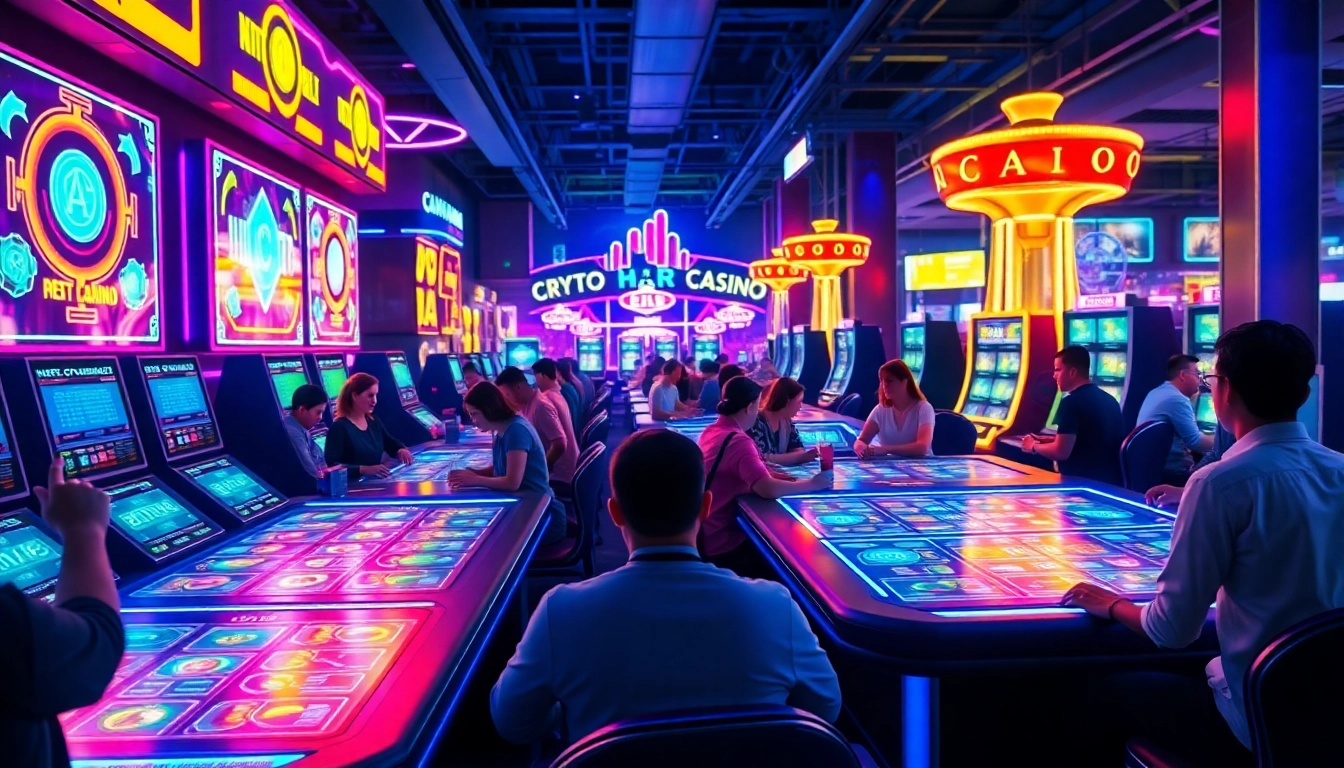 Joueurs engagés dans un crypto casino avec des jetons numériques animés.