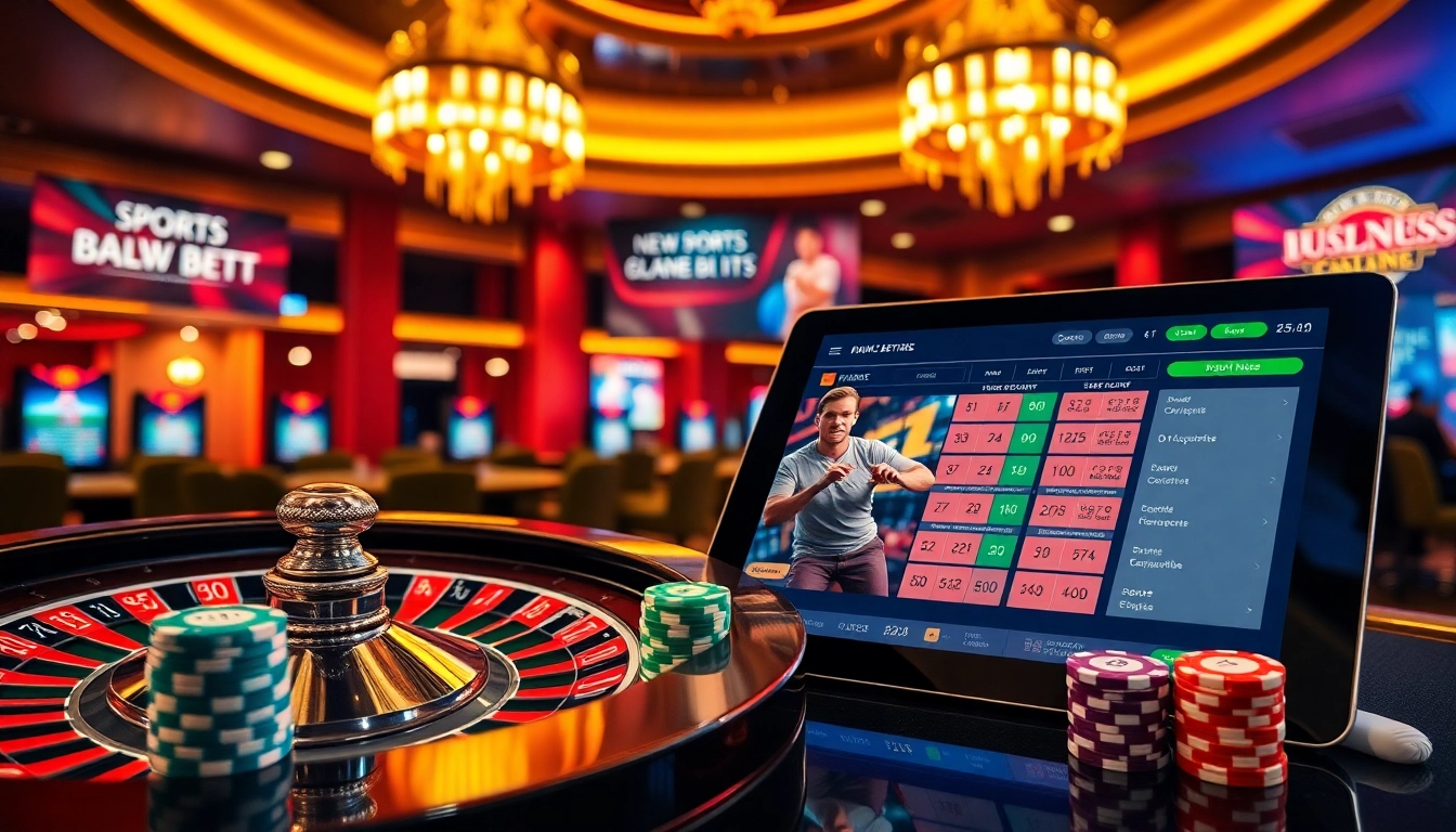 Placing bets at a nouveau site de paris sportif en ligne with vibrant visuals of roulette, poker chips, and a sports betting interface.
