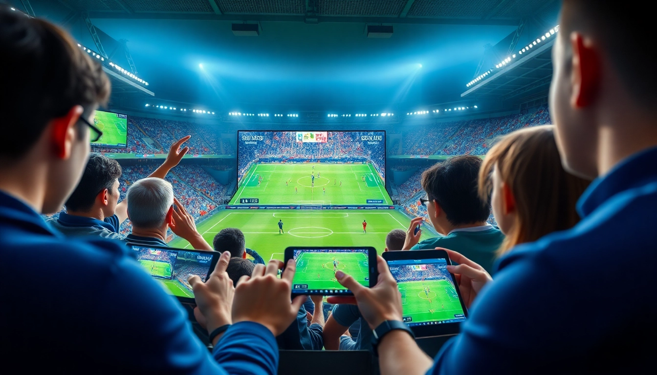 Lương Sơn TV streaming platform displaying live football matches on multiple devices, showcasing engagement and excitement.