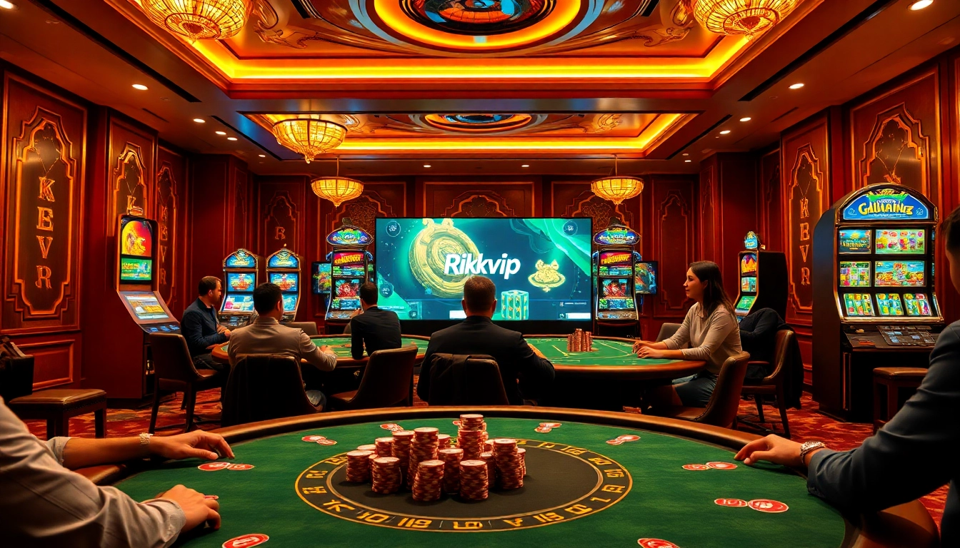 Players enjoying a thrilling game at rikvip online casino with vibrant ambiance and luxurious setup.