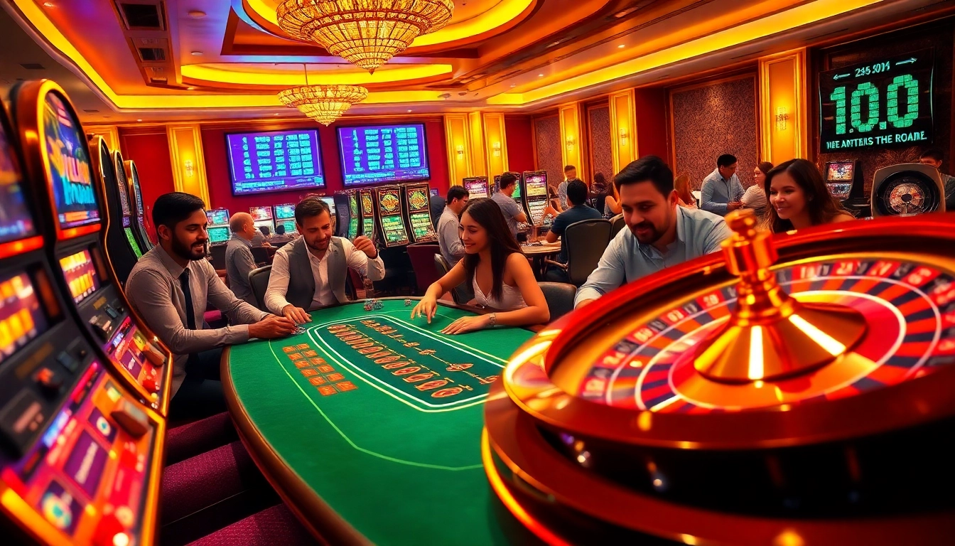 Des joueurs variés participent à une expérience de casino crypto captivante autour d'une table de poker luxueuse.