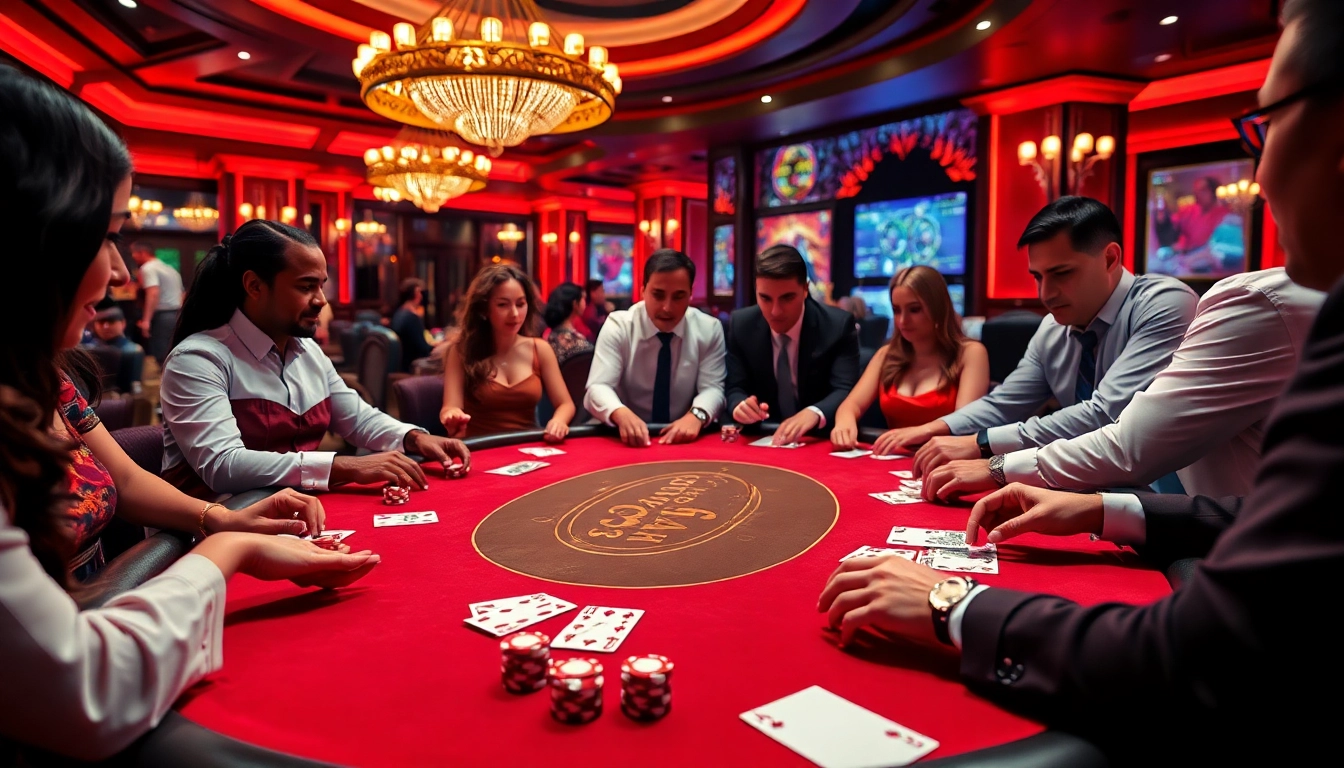 Experience the excitement of the game 32win as players engage at a vibrant poker table surrounded by betting slips and chips.