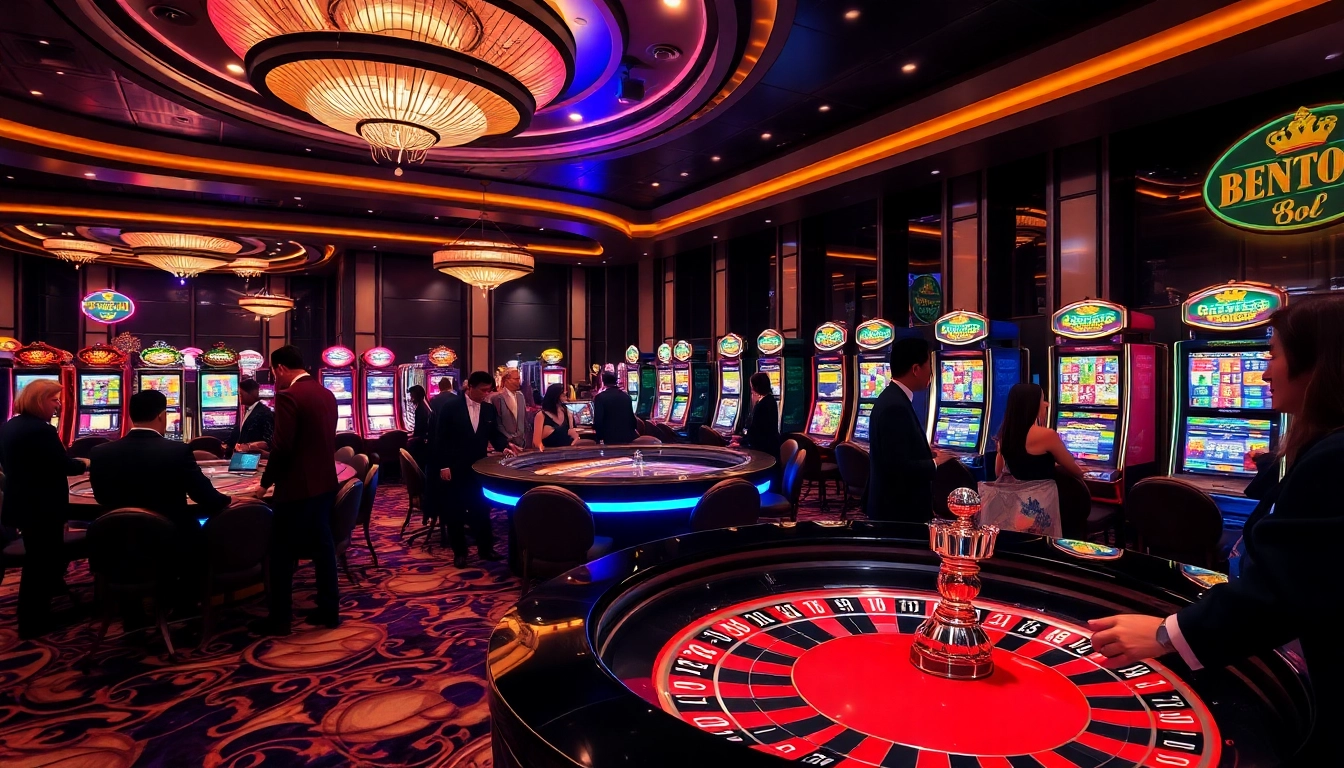 Experience the excitement of gaming at https://bong88.casa/ with a vibrant casino scene showcasing slot machines and roulette.