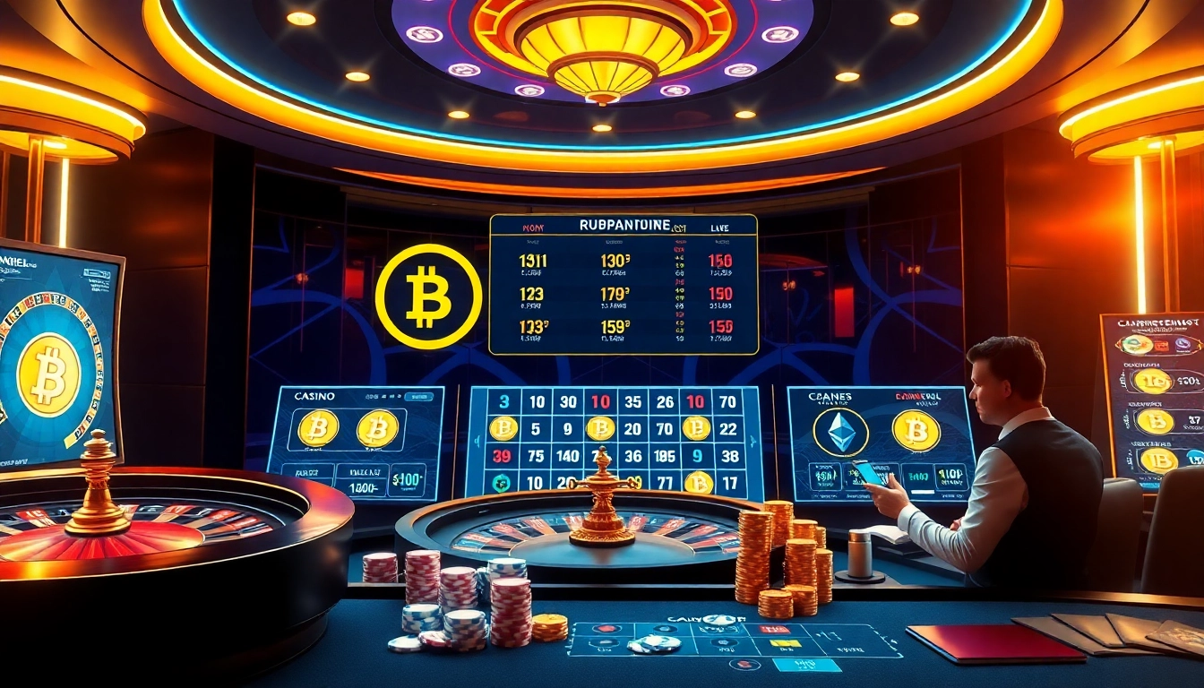 Scène de casino crypto attrayante avec roulette, jetons de poker et interface de jeu dynamique.
