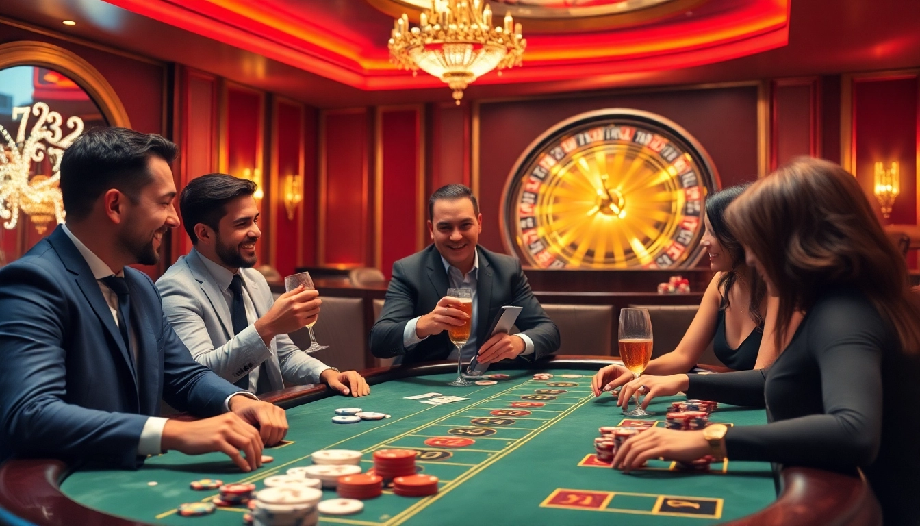 Exciting poker game at a glamorous casino featuring 123b betting elements and vibrant atmosphere.
