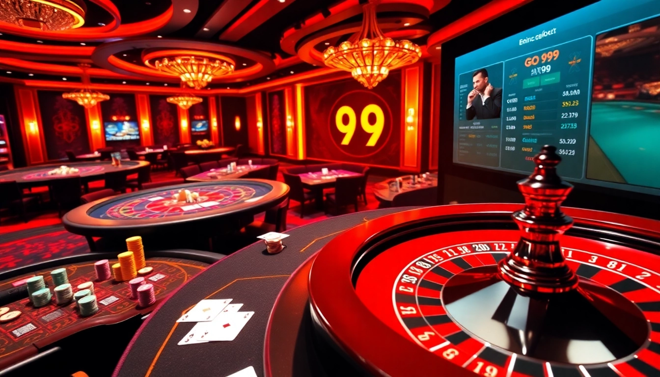 Action-packed casino atmosphere featuring Go99 online gaming excitement with vibrant tables and players.
