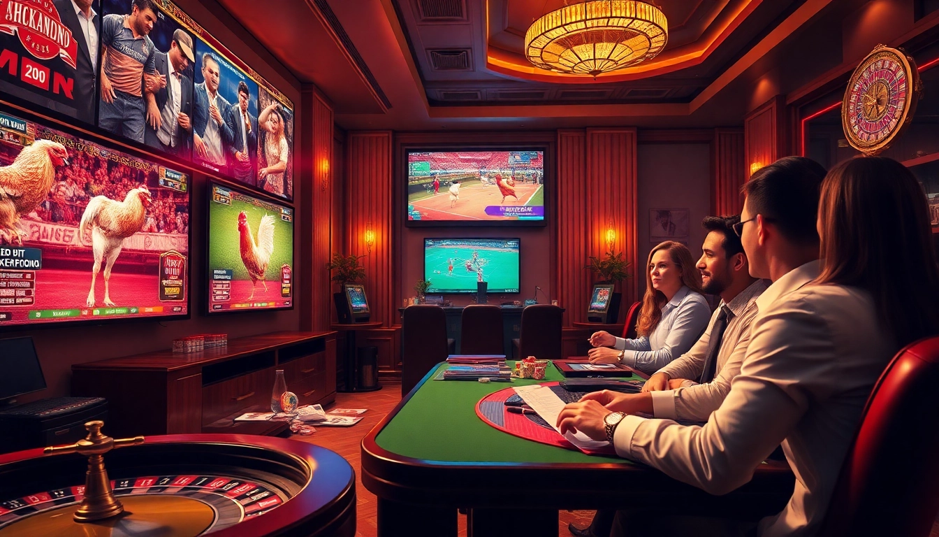 Exciting cockfighting betting scene with live matches on screens capturing the thrill of đá gà trực tiếp.