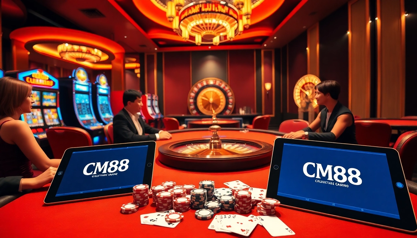 Experience luxury gambling at CM88 with poker tables, slot machines, and vibrant casino atmosphere.