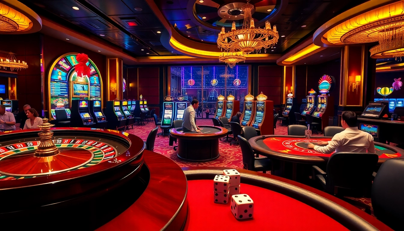 Players enjoying an engaging poker game at hitclub casino with vibrant slot machines.
