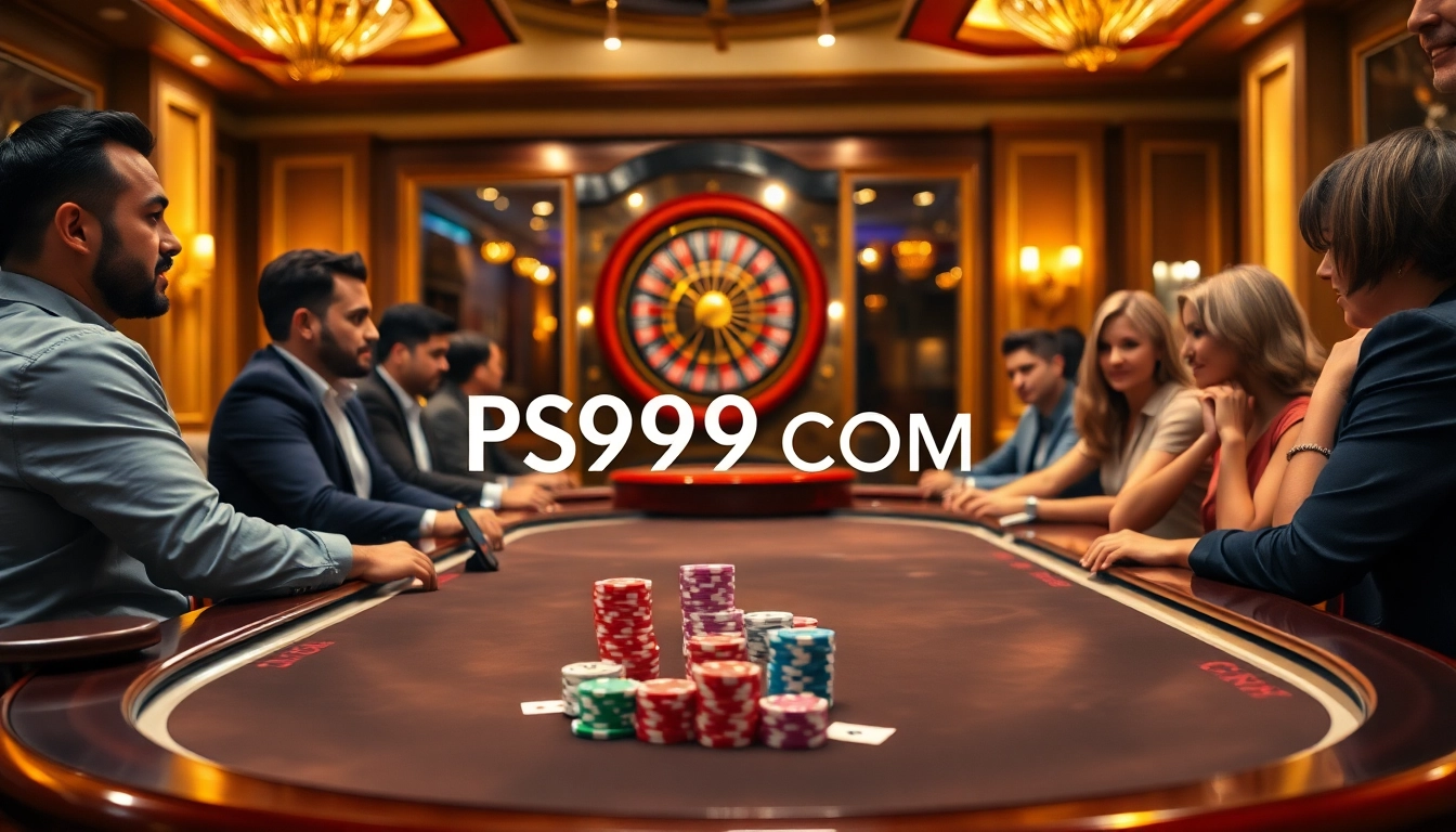 Players enjoying high-stakes poker at a luxurious casino featuring PS99COM ambience.