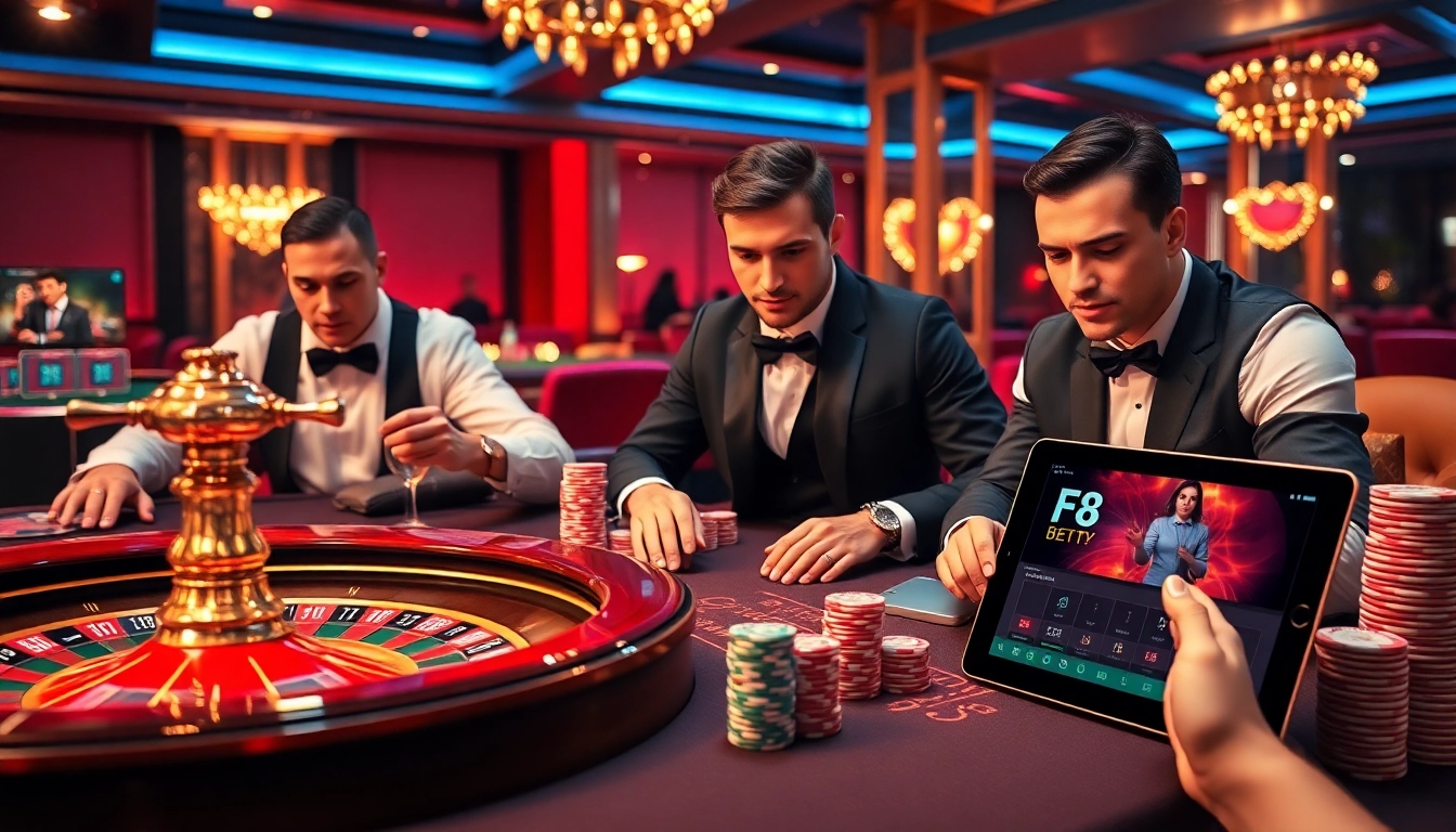 Professional gamblers enjoying a thrilling game at F8 BET, showcasing poker chips and a roulette wheel.