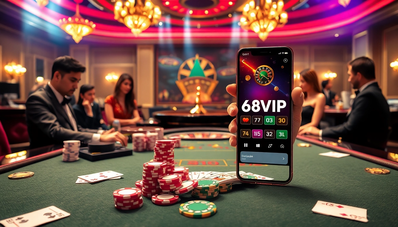 Engaging scene of players at a poker table showcasing Đăng Nhập Nhà Cái 68VIP app excitement in a vibrant casino setting.