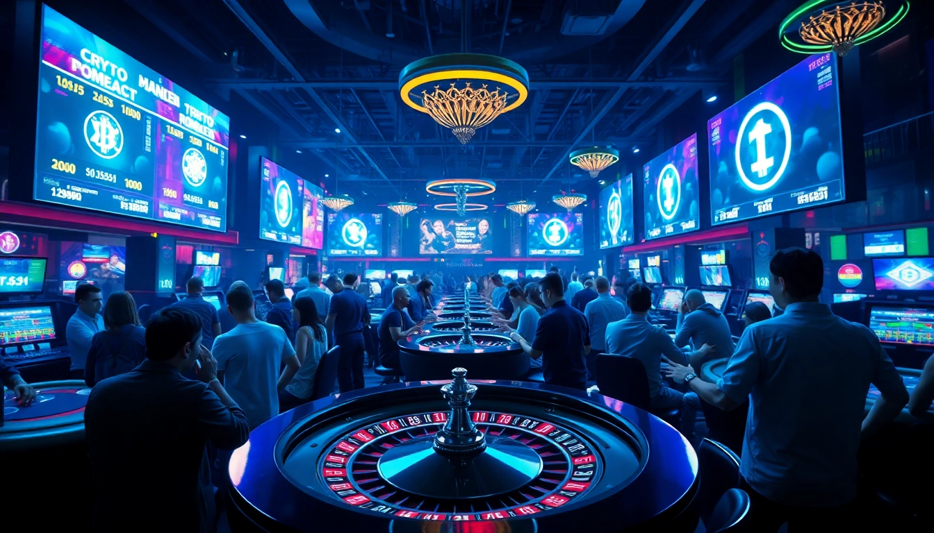 Les joueurs engagés dans un crypto casino, ambiance animée avec lumières néon.