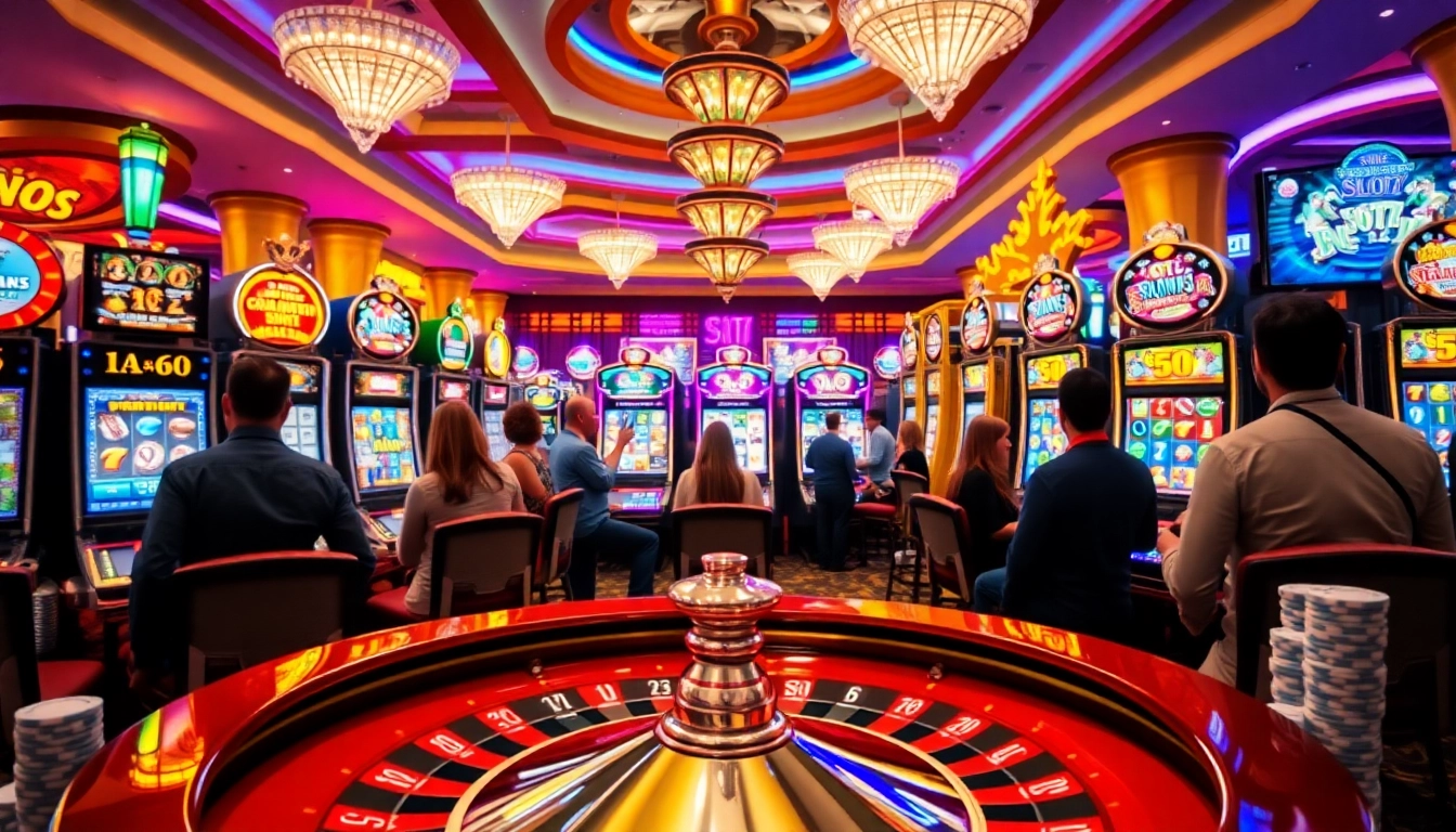 Players enjoying Slot777 machines in a luxurious casino environment filled with excitement.
