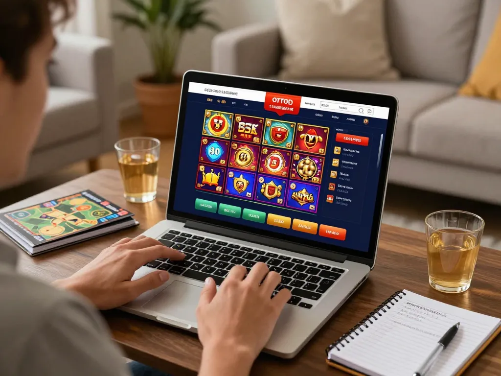 Nohu90 showcases exciting online casino gaming on a laptop, highlighting vibrant slots in a cozy living room setting.
