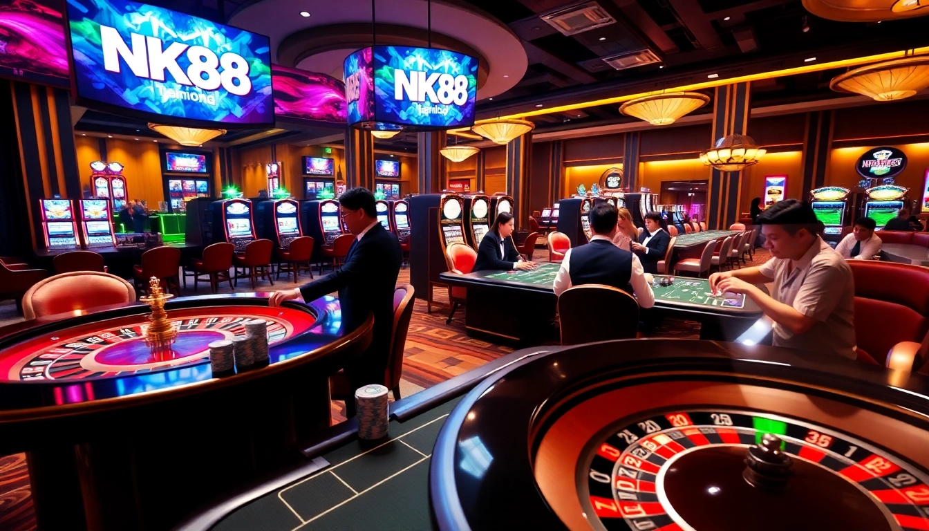 Play thrilling games at NK88's modern casino tables, showcasing engaging poker and roulette action.