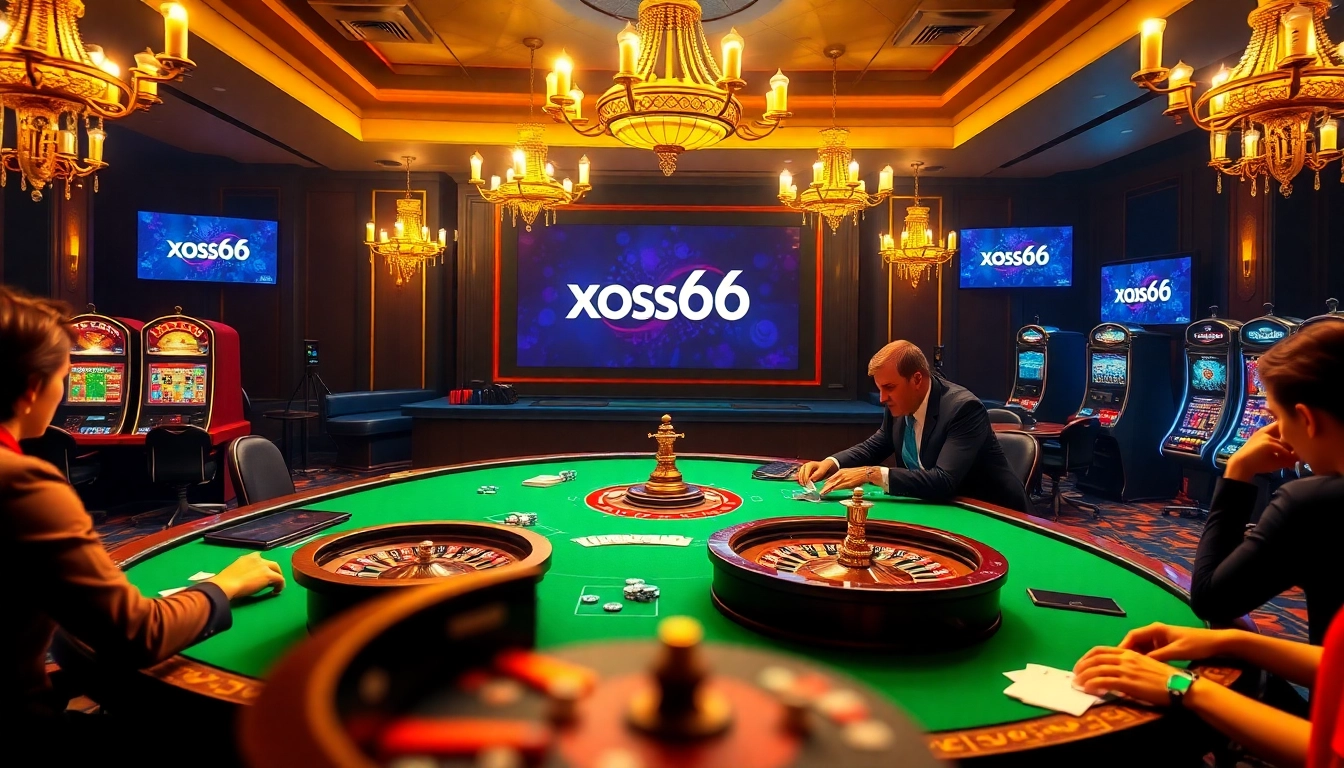 Xoso66 casino scene showcasing poker, chips, and dice in a luxurious setting.