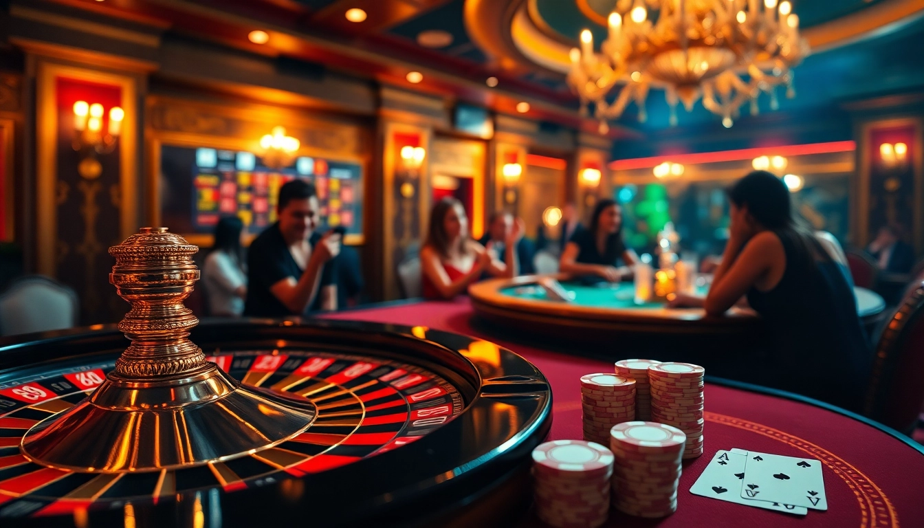 Experience the thrill of winning at 68VIP's luxurious casino tables with poker chips and a roulette wheel.