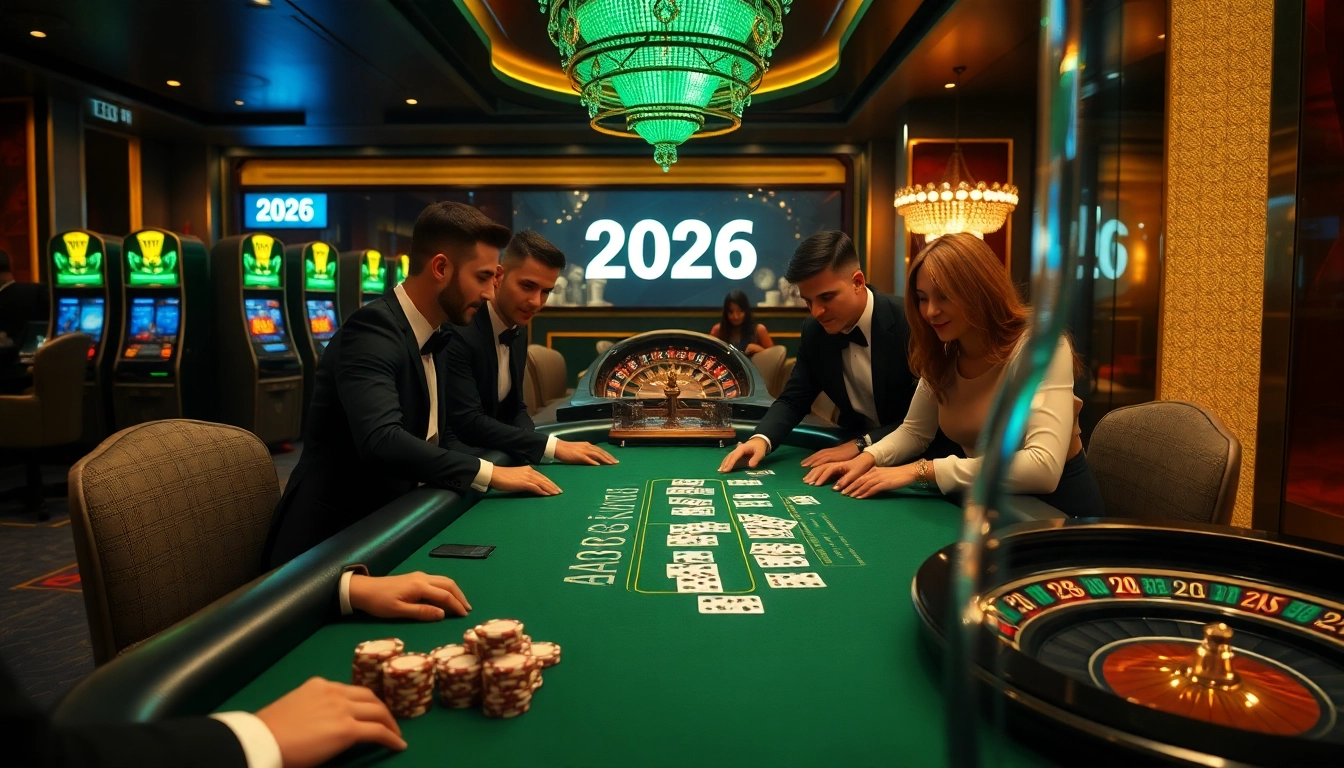 Vivez l'ambiance palpitante du meilleur casino en ligne 2026 avec des joueurs élégants autour des tables de poker.