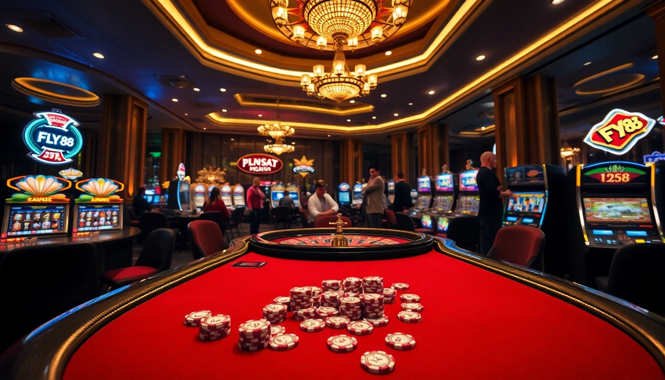 Players enjoy an engaging game at the FLY 88 branded poker table in a vibrant casino.
