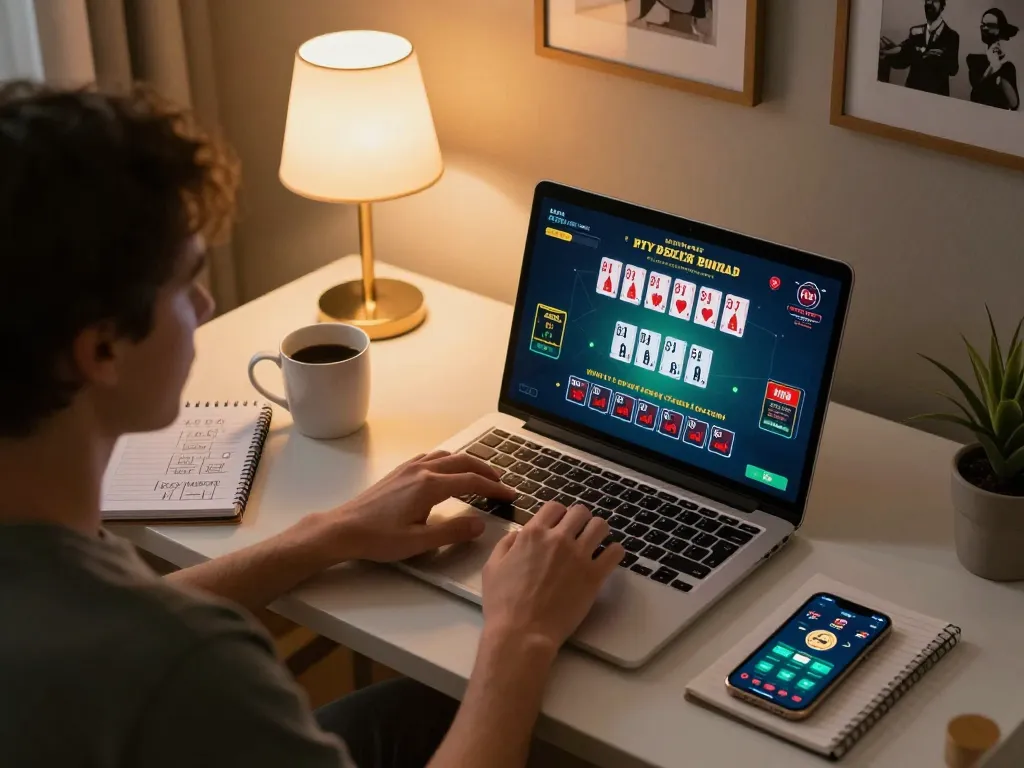 Engaging in live dealer blackjack at cm88 with a cozy home gaming setup and strategies visible.