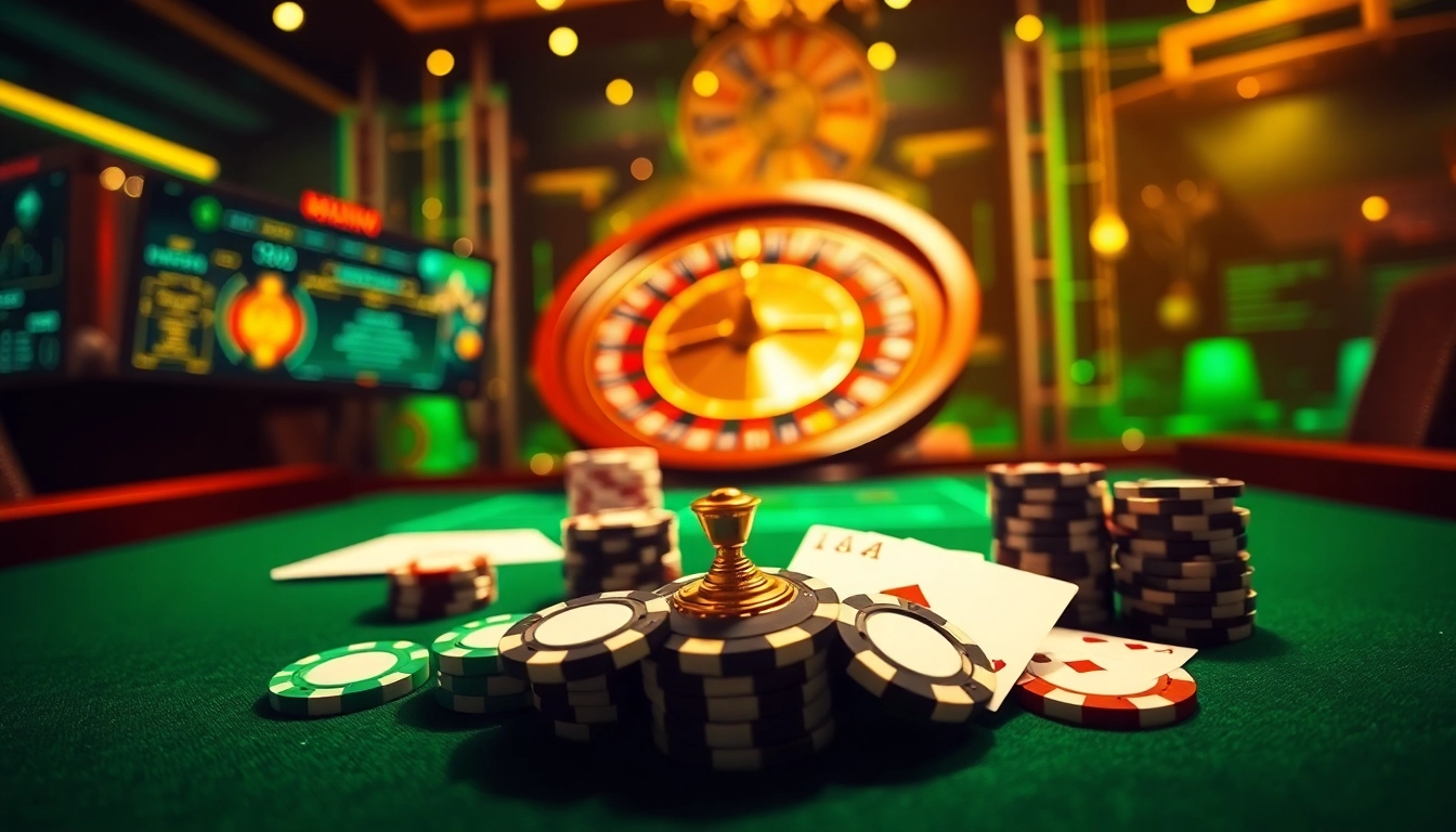 Exciting online gaming scene featuring 33win poker chips on a luxurious casino table.